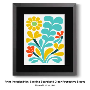 Mid Century Aqua and Yellow Graphic Flowers  8"x10" Floral Art Print for 11"x14" Frame