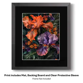 Baroque Iris Flowers and Monarch Butterflies 8"x10" Floral Art Print for 11"x14" Frame