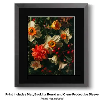 Baroque Daffodil Flowers and Ladybugs  8"x10" Floral Art Print for 11"x14" Frame
