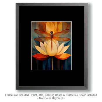 Lotus Flower Dragonfly - Insect Wall Art Prints – 8″x10″ Artwork for 11″x14″ Frame