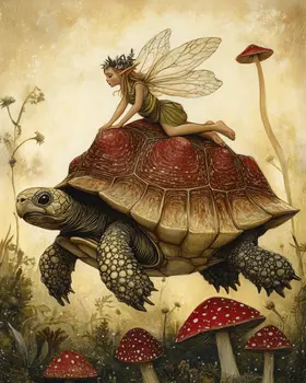 Fairy Riding a Tortoise Over Shrooms - Mushroom Art Prints - 8"x10" Art Print for 11"x14" Frame