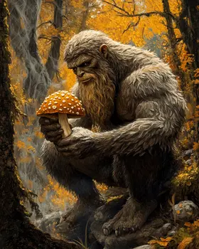 Bigfoot with Amanita Shroom - Mushroom Art Prints - 8"x10" Art Print for 11"x14" Frame