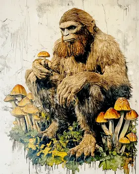Vintage Bigfoot Among Amanita Shrooms - Mushroom Art Prints - 8"x10" Art Print for 11"x14" Frame