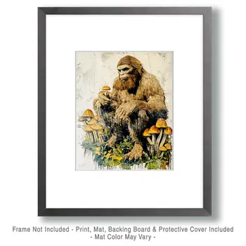 Vintage Bigfoot Among Amanita Shrooms - Mushroom Art Prints - 8"x10" Art Print for 11"x14" Frame