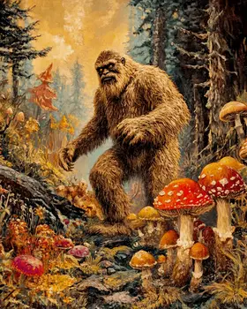Bigfoot Walking Among Amanita Shrooms - Mushroom Art Prints - 8"x10" Art Print for 11"x14" Frame