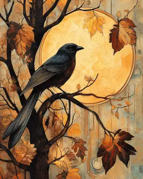 Fall Full Moon Raven - Nature Art Prints - 8"x10" Artwork for 11"x14" Frame