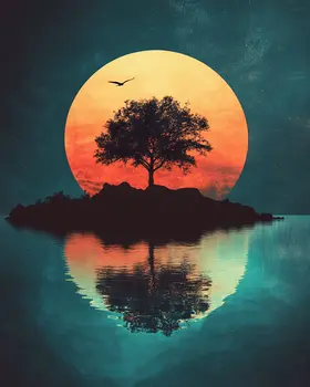 Full Moon Rising Behind Island - Nature Art Prints - 8"x10" Artwork for 11"x14" Frame