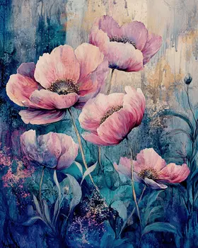 Grunge Pink Poppies - Nature Art Prints - 8"x10" Artwork for 11"x14" Frame