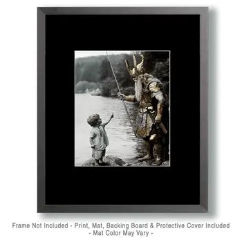 Odin Fishing with Young Boy - Try This Nymph - Odin the Norse God Wall Art Prints – 8″x10″ Artwork for 11″x14″ Frame