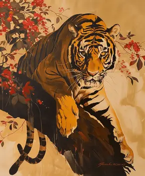 Tiger Stalking Japanese Painting - Animal Kingdom Wall Art Prints, from Cute to Majestic – 8″x10″ Artwork for 11″x14″ Frame
