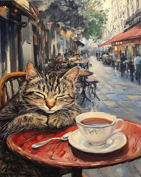 Tabby Sleeping at a Cafe Table - Pet Cat Still Life Wall Art Prints – 8″x10″ Artwork for 11″x14″ Frame