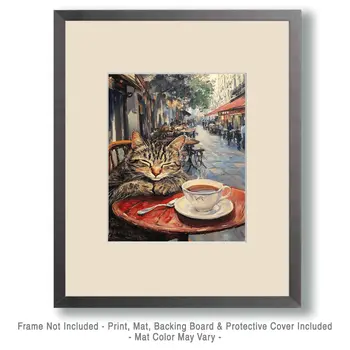 Tabby Sleeping at a Cafe Table - Pet Cat Still Life Wall Art Prints – 8″x10″ Artwork for 11″x14″ Frame