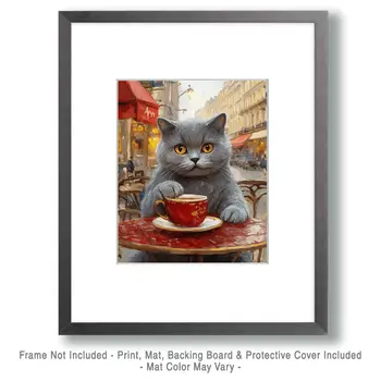 British Shorthair Having Tea - Pet Cat Still Life Wall Art Prints – 8″x10″ Artwork for 11″x14″ Frame