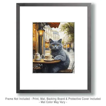 British Shorthair at a Cafe - Pet Cat Still Life Wall Art Prints – 8″x10″ Artwork for 11″x14″ Frame