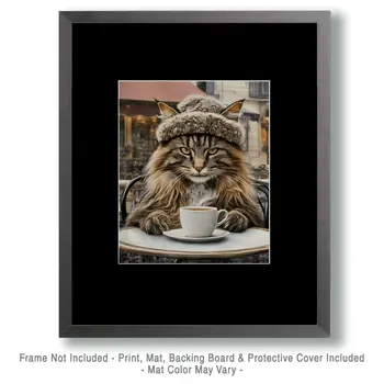 Maine Coon Cat Wearing a Hat - Pet Cat Still Life Wall Art Prints – 8″x10″ Artwork for 11″x14″ Frame