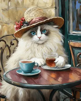 Rag Doll Having Tea - Pet Cat Still Life Wall Art Prints – 8″x10″ Artwork for 11″x14″ Frame