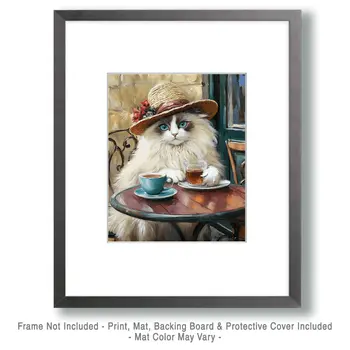 Rag Doll Having Tea - Pet Cat Still Life Wall Art Prints – 8″x10″ Artwork for 11″x14″ Frame
