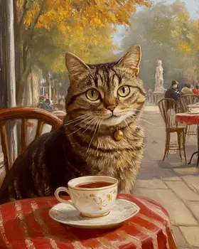 Tabby Having Tea - Pet Cat Still Life Wall Art Prints – 8″x10″ Artwork for 11″x14″ Frame