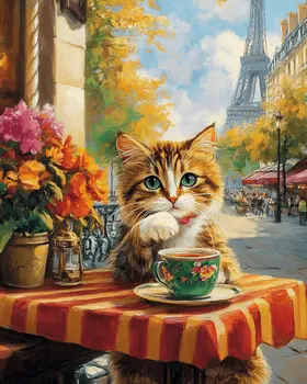 Tabby at a Paris Cafe - Pet Cat Still Life Wall Art Prints – 8″x10″ Artwork for 11″x14″ Frame