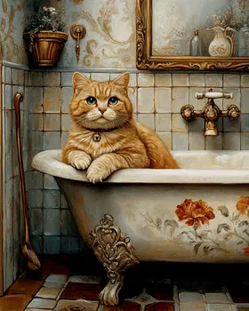 Orange Tabby in the Bathtub - Pet Cat Still Life Wall Art Prints – 8″x10″ Artwork for 11″x14″ Frame