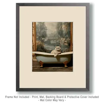 British Shorthair in the Bathtub - Pet Cat Still Life Wall Art Prints – 8″x10″ Artwork for 11″x14″ Frame