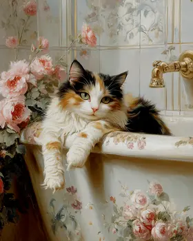 Calico in the Bathtub - Pet Cat Still Life Wall Art Prints – 8″x10″ Artwork for 11″x14″ Frame