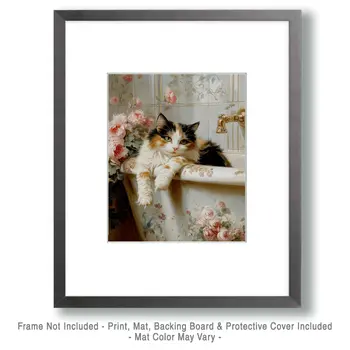 Calico in the Bathtub - Pet Cat Still Life Wall Art Prints – 8″x10″ Artwork for 11″x14″ Frame