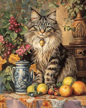 Maine Coon Cat Portrait - Pet Cat Still Life Wall Art Prints – 8″x10″ Artwork for 11″x14″ Frame