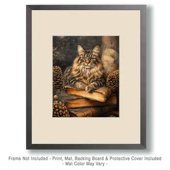 Maine Coon Cat in the Library - Pet Cat Still Life Wall Art Prints – 8″x10″ Artwork for 11″x14″ Frame