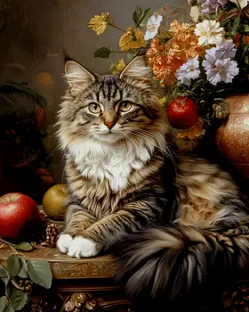Maine Coon Cat Portrait - Pet Cat Still Life Wall Art Prints – 8″x10″ Artwork for 11″x14″ Frame