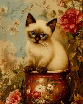 Siamese Kitten Portrait - Pet Cat Still Life Wall Art Prints – 8″x10″ Artwork for 11″x14″ Frame