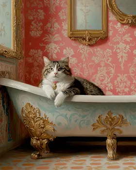 Tabby in the Bathtub - Pet Cat Still Life Wall Art Prints – 8″x10″ Artwork for 11″x14″ Frame