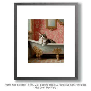 Tabby in the Bathtub - Pet Cat Still Life Wall Art Prints – 8″x10″ Artwork for 11″x14″ Frame