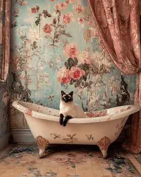 Siamese in the Bathtub - Pet Cat Still Life Wall Art Prints – 8″x10″ Artwork for 11″x14″ Frame