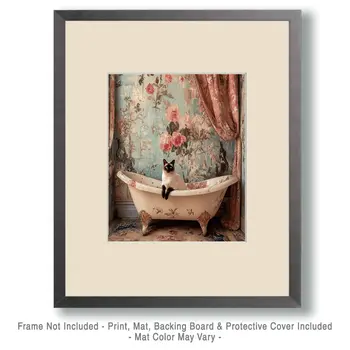 Siamese in the Bathtub - Pet Cat Still Life Wall Art Prints – 8″x10″ Artwork for 11″x14″ Frame