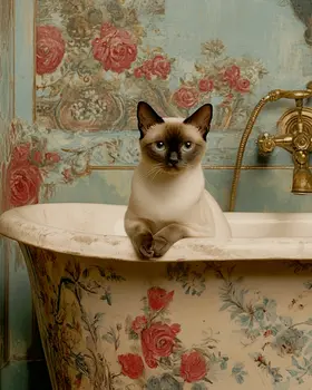 Siamese Painted Bathtub - Pet Cat Still Life Wall Art Prints – 8″x10″ Artwork for 11″x14″ Frame