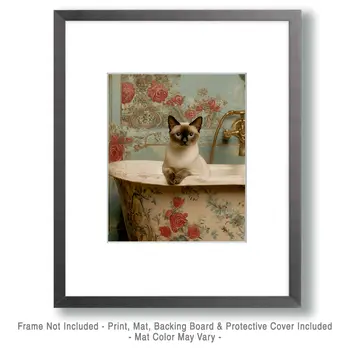 Siamese Painted Bathtub - Pet Cat Still Life Wall Art Prints – 8″x10″ Artwork for 11″x14″ Frame