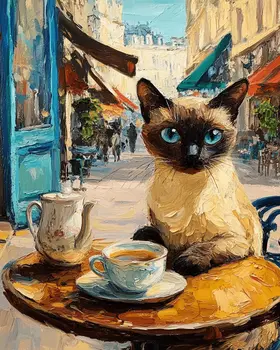 Siamese at a Cafe - Pet Cat Still Life Wall Art Prints – 8″x10″ Artwork for 11″x14″ Frame