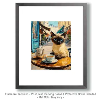 Siamese at a Cafe - Pet Cat Still Life Wall Art Prints – 8″x10″ Artwork for 11″x14″ Frame