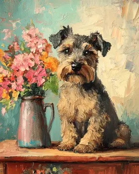 Schnauzer by Vase - Pet Dog Still Life Wall Art Prints – 8″x10″ Artwork for 11″x14″ Frame