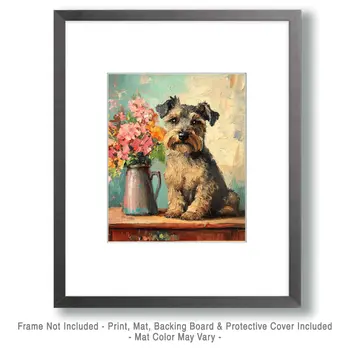 Schnauzer by Vase - Pet Dog Still Life Wall Art Prints – 8″x10″ Artwork for 11″x14″ Frame