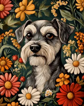 Floral Schnauzer - Pet Dog Still Life Wall Art Prints – 8″x10″ Artwork for 11″x14″ Frame