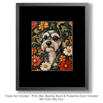 Floral Schnauzer - Pet Dog Still Life Wall Art Prints – 8″x10″ Artwork for 11″x14″ Frame