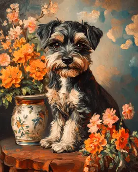 Schnauzer Puppy and Vase - Pet Dog Still Life Wall Art Prints – 8″x10″ Artwork for 11″x14″ Frame