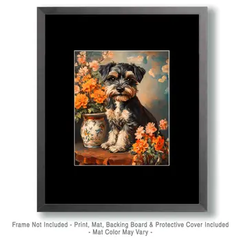 Schnauzer Puppy and Vase - Pet Dog Still Life Wall Art Prints – 8″x10″ Artwork for 11″x14″ Frame
