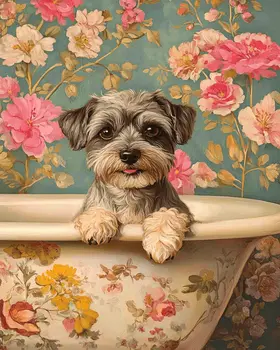 Schnauzer Puppy in Bathtub - Pet Dog Still Life Wall Art Prints – 8″x10″ Artwork for 11″x14″ Frame