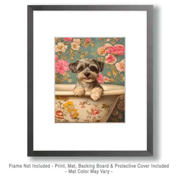 Schnauzer Puppy in Bathtub - Pet Dog Still Life Wall Art Prints – 8″x10″ Artwork for 11″x14″ Frame