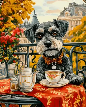 Schnauzer at a Paris Cafe - Pet Dog Still Life Wall Art Prints – 8″x10″ Artwork for 11″x14″ Frame