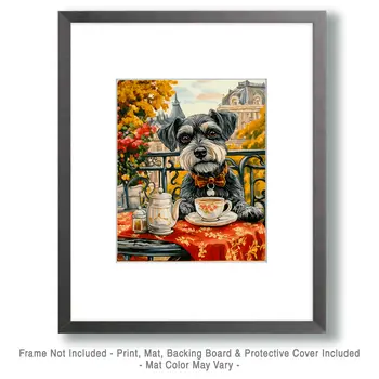 Schnauzer at a Paris Cafe - Pet Dog Still Life Wall Art Prints – 8″x10″ Artwork for 11″x14″ Frame