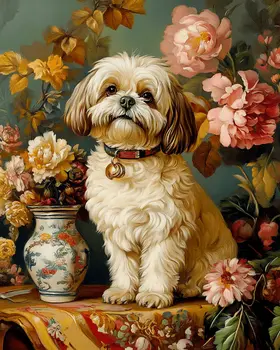 Shih Tzu by Vase - Pet Dog Still Life Wall Art Prints – 8″x10″ Artwork for 11″x14″ Frame